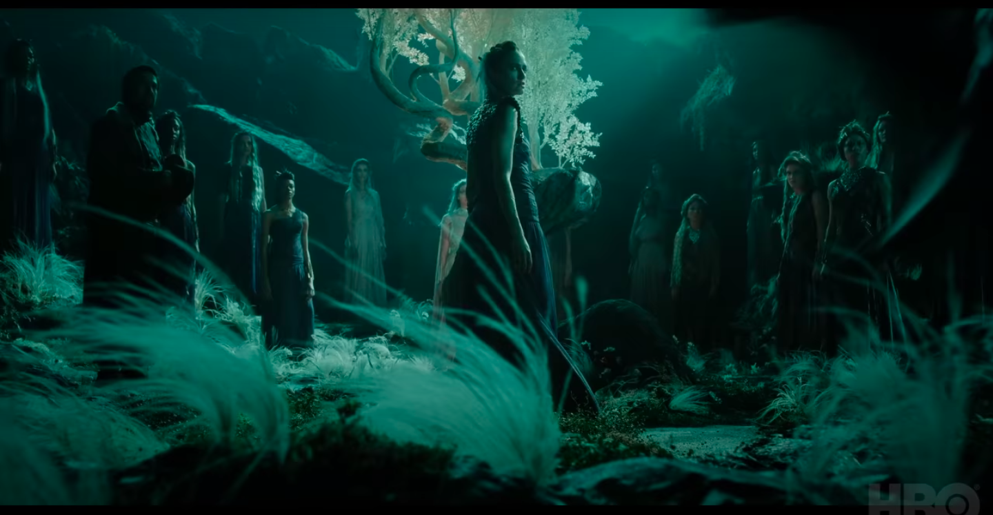 I paused the trailer right at the right moment to get this lovely  screenshot of the witch council! I'm not sure what that strange tree in the  middle is, but the whole